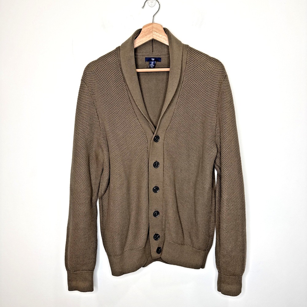 Gap Shawl Collar Button Front Cardigan Sweater Olive Green Knit Cotton Grandpa M